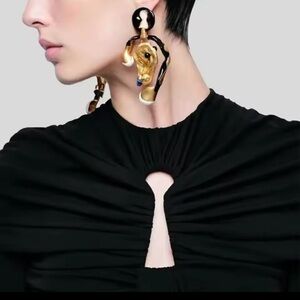 Schiaparelli Inspired Statement Earrings Gold Tone Runway Long Big